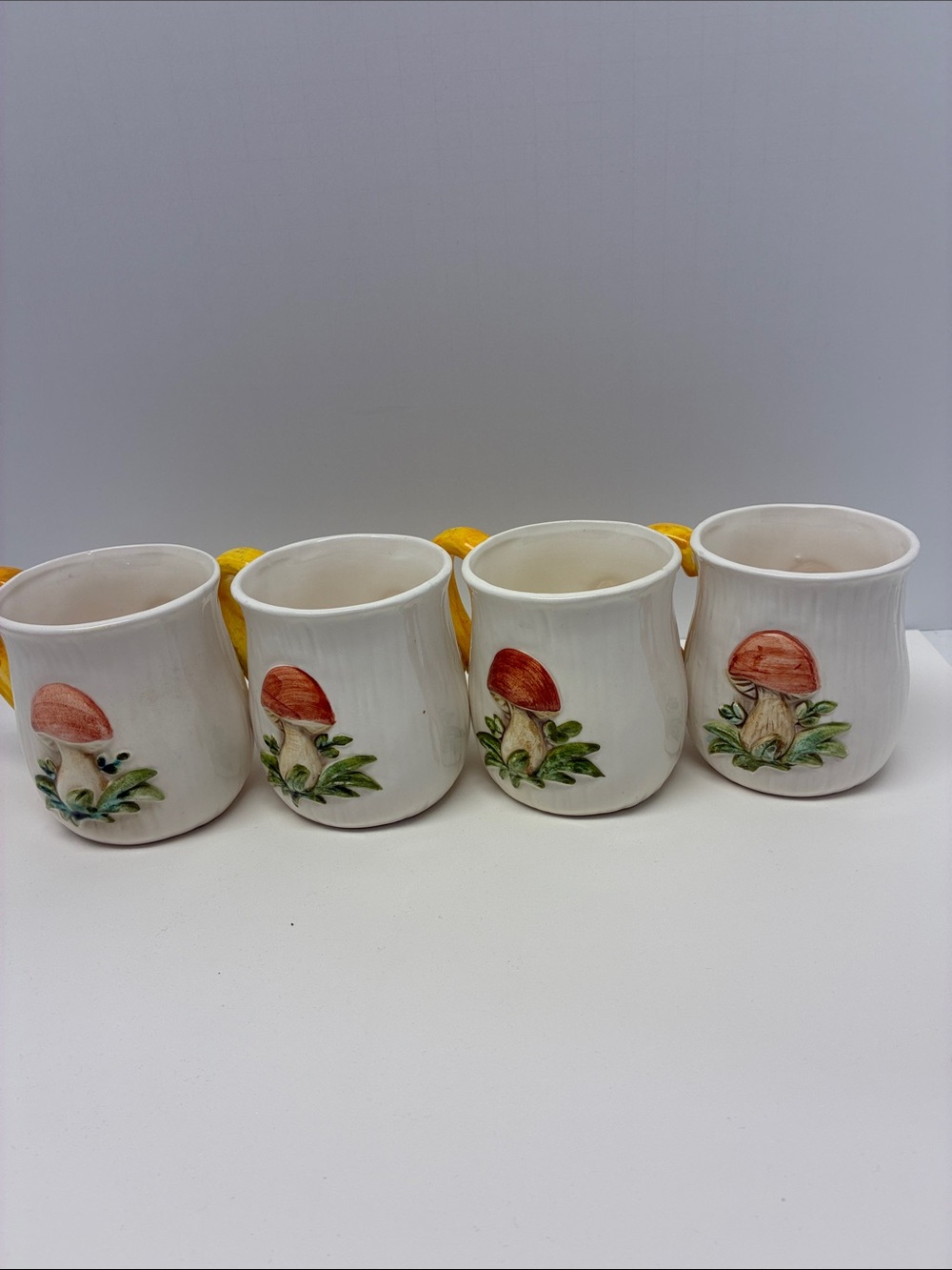 Vintage Merry Mushroom Ceramic Mug Set Yellow Handle Hand Painted Set of 4 - Picture 4 of 10